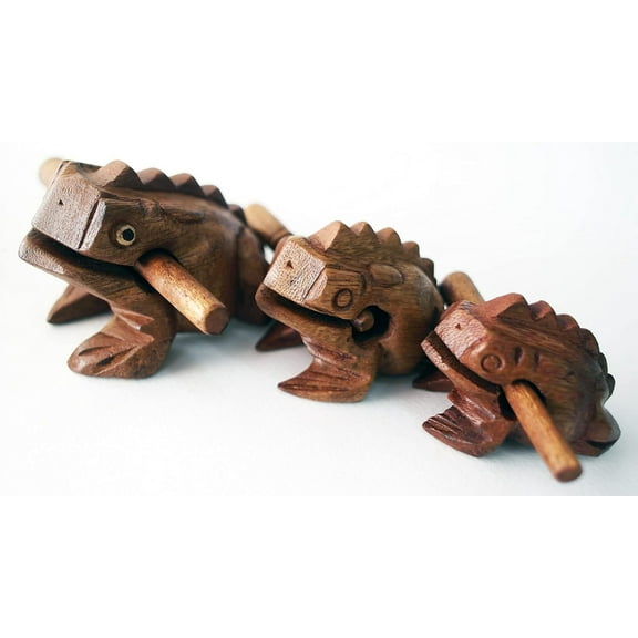 Guiro Percussion Musical Instruments Wooden 3 Piece, Set of 3 Natural Wood Giro Frog 10-8-5 cm.