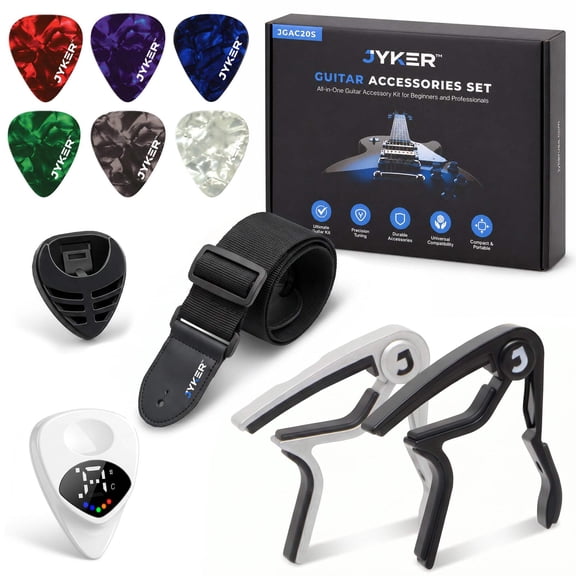 Jyker USA Guitar Accessories Kit for Beginners, 2 Comfort-Grip Capos, 2-in-1 Tuner, Assorted Guitar Picks, Adjustable Strap, Holder for Acoustic & Electric Guitars