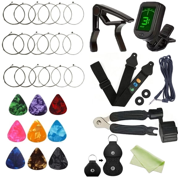 Guitar Accessories Kit, Electric Guitar Kit, Guitar strings,Guitar strap & lock,Tuner,Guitar capo,3-in-1 String Winder,Guitar Cable,Guitar picks,Pick Holder,Cleaning Cloth