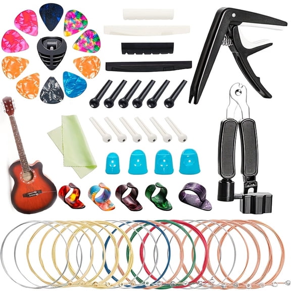 Guitar Accessories Kit Include Acoustic Strings, Tuner, Capo, 3-in-1 Restring Tool, Picks, Pick Holder, Bridge Pins, Nuts & Saddles, Finger Protector, Chord Chart (58PCS)