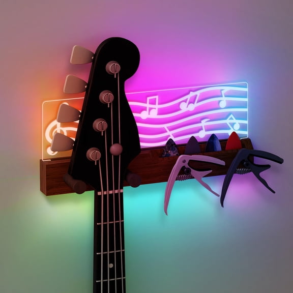 Guitar Accessories  Light Up Wall Mount Musical Notes Design Pick Holder With Capo Storage Usb Powered Premium Wood And Acrylic Gift For Music Lovers Guitarist