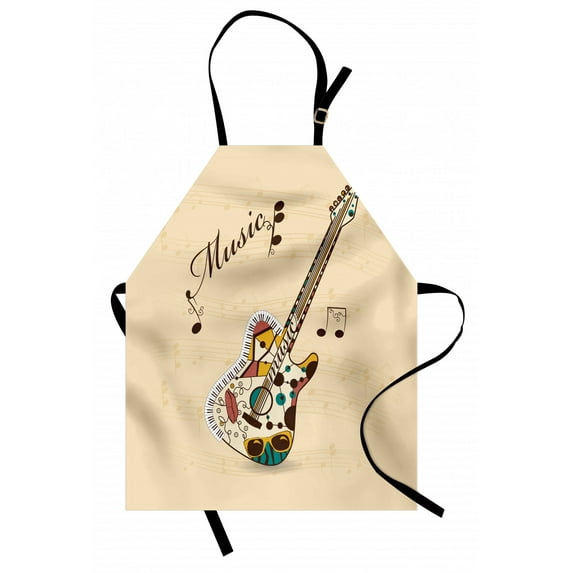 Guitar Apron Abstract Funky Guitar Instrument Melody Musical Notes and Hand Writing, Unisex Kitchen Bib Apron with Adjustable Neck for Cooking Baking Gardening, Sand Brown Multicolor, by Ambesonne