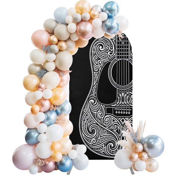 Guitar Arch Backdrop Cover 4 FT Abstract White Vine Lines Boho Guitar Black Stretchy Elastic Arch Stand Covers Spandex Arched Background Birthday Wedding Party Decoration (No Stand)