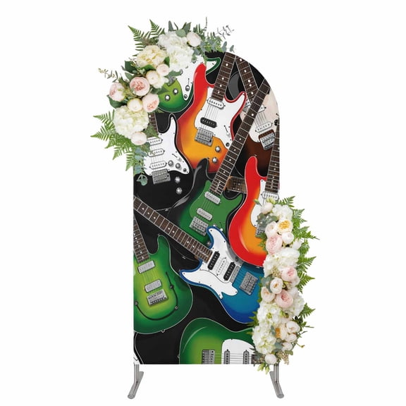 Guitar Arch Backdrop Cover 5FT, Cartoon Modern Colorful Guitars Spandex Fitted Stretchy Arch Stand Covers, Round Top Chiara Backdrop Cover for Wedding Party Birthday Baby Shower
