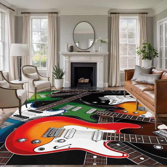 Guitar Area Rugs 5'x8', Washable Small Throw Rugs for Classroom Bedroom, Cartoon Modern Colorful Guitars Indoor Outdoor Rug Non-Slip Low Pile Carpet Runner Reversible Floor Mats