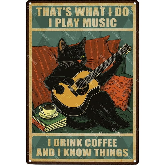 Guitar Art Black Cat Sign - Thats What I Do I Play Music I Drink Coffee Bar Tin Signs Funny Wall Decor for Bedroom Bathroom Retro Wall Poster, Metal Cats Signs Home Decor For Cats Lovers 8x6″
