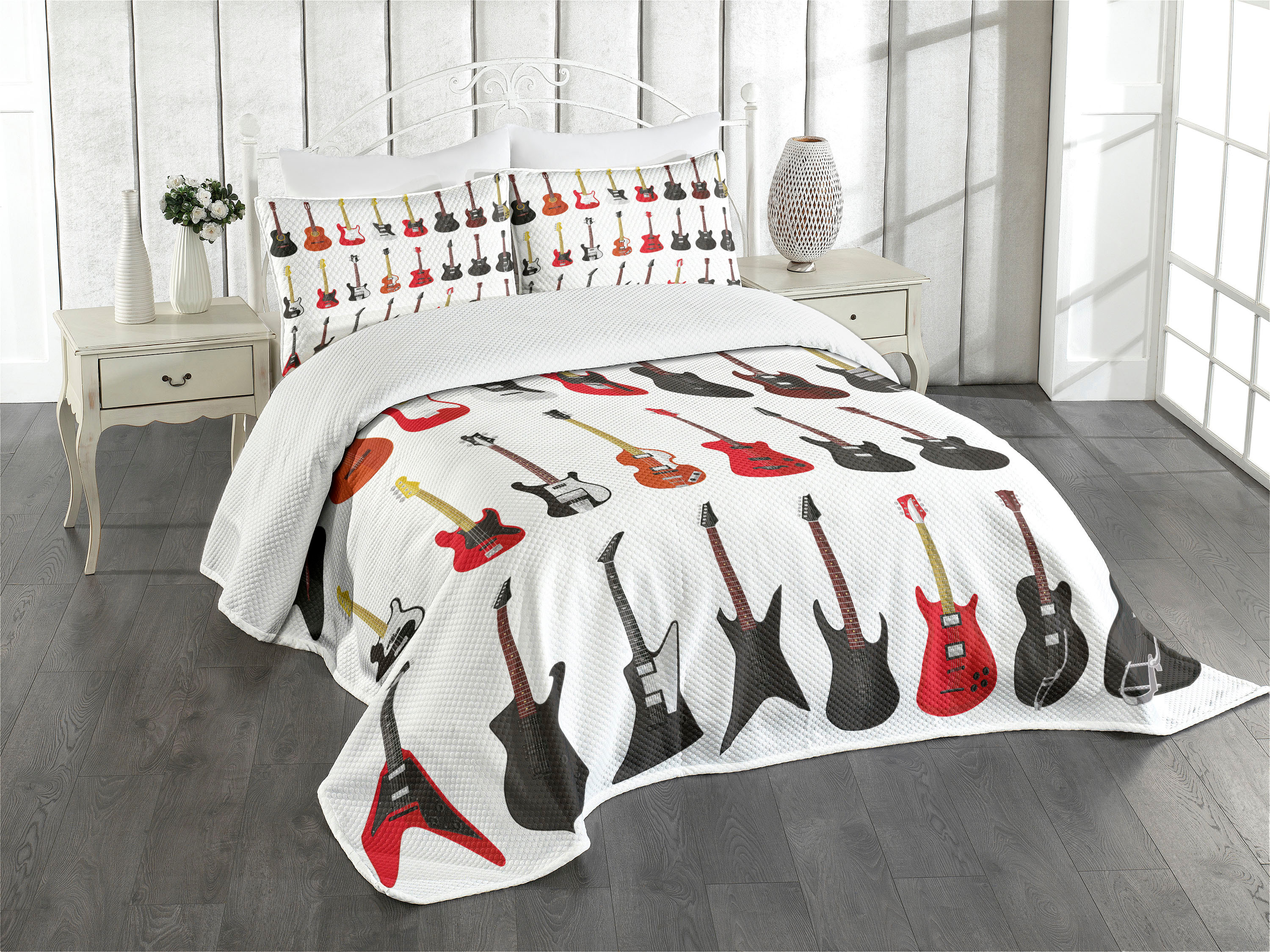 Guitar Bedspread, Musical Instruments Set Pattern Various Acoustic Bass
