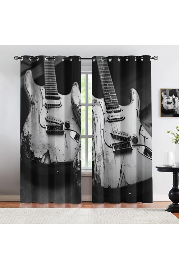 Guitar Blackout Curtains For Living Room, Retro Guitar Bedroom Curtain, Musical Instruments Window Drapes, Musical Theme Room Divider Curtains 38"W x 45"L (Pack of 2)