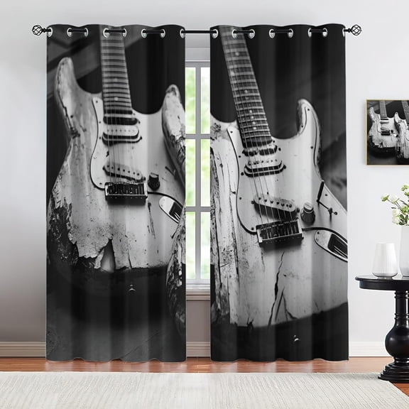 Guitar Blackout Curtains For Living Room, Retro Guitar Bedroom Curtain, Musical Instruments Window Drapes, Musical Theme Room Divider Curtains 42"W x 84"L (Pack of 2)