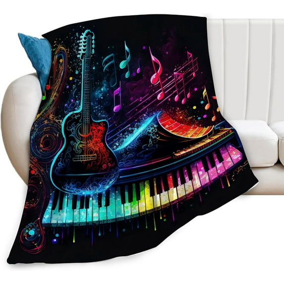 Guitar Blanket Colorful Music Note Piano Throw Blanket Ultra Soft Cozy Fleece Rock Musical Instrument Theme Gift Fuzzy Plush Bedding Blankets for Kids Teens Adults Girls Boys Women Men 80"x60"