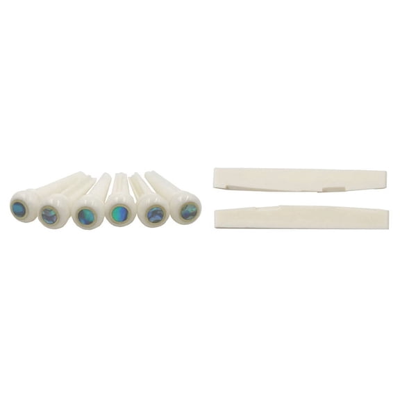 Guitar Bone Bridge Pins and 5.3mm Position Abanlone Dot with 2Pcs 6 String Acoustic Bone Bridge Guitar Slotted Saddle