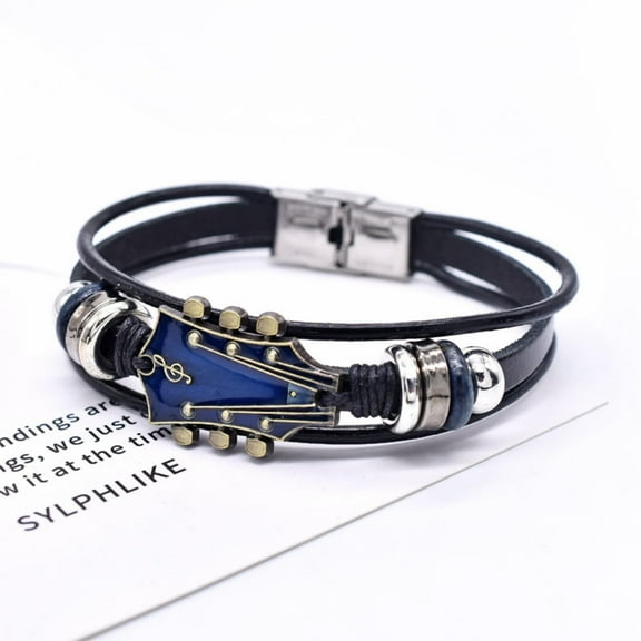 Guitar Bracelet for Men Women, Leather Music Jewelry with Alloy Guitar Peg Charm, Adjustable Bangle Wristband for Musicians, Rock Band Fans, Concert Gift, Unisex Bohemian Style