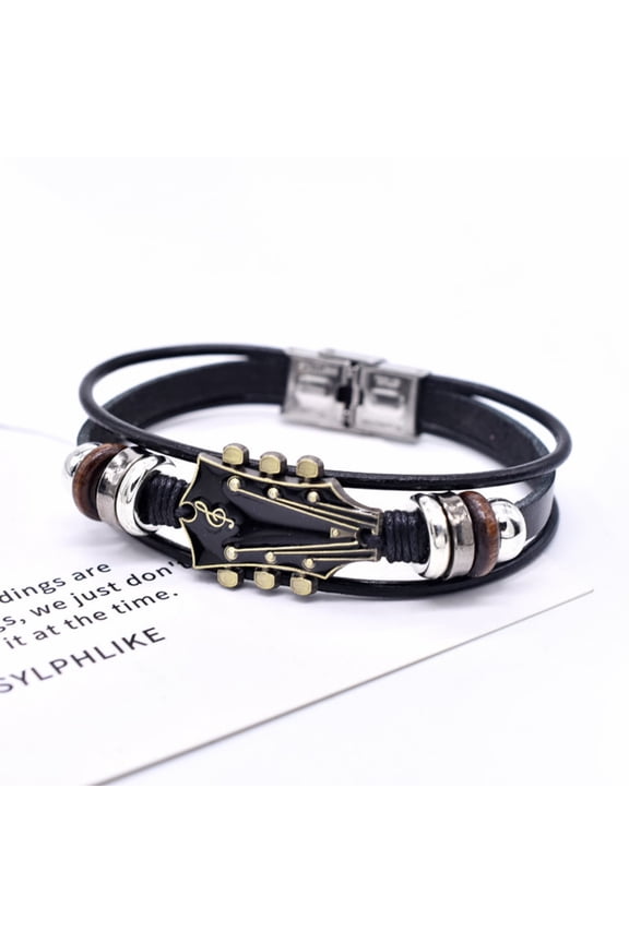 Guitar Bracelet, Music Inspired Leather Wristband, Adjustable Stainless Steel Alloy Guitar String Design Unisex Jewelry Gift