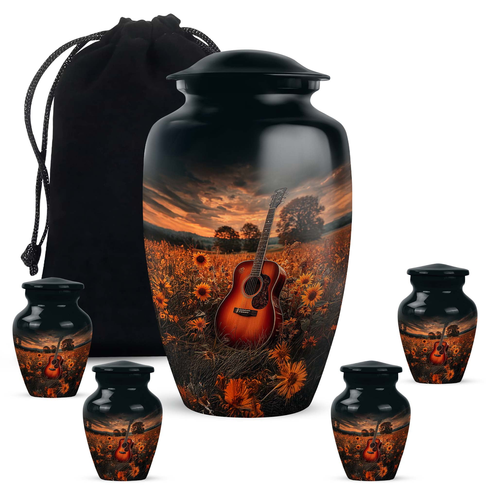 Guitar Burial Urns For Human Ashes Mother - Black Funeral Urns For Ashes Female And Male Remains - Brown Cremation Urn For Father 10 Inch, 4 Keepsake Set - 1 Large Sunflower Funeral Urn For Mom