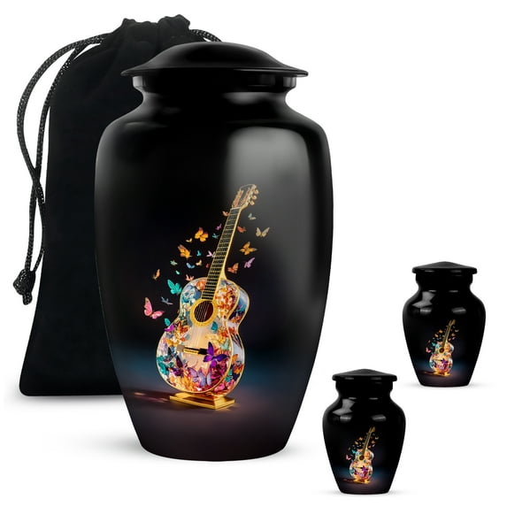 Guitar Butterfly Funeral Urns, Large Cremation Urn For Human Ashes Adult Male, Mini Keepsake Urn For Ashes, Small Funeral Urns For Ashs For Adults, Size 10 Inch 1pcs 3 Inch 2 Pcs
