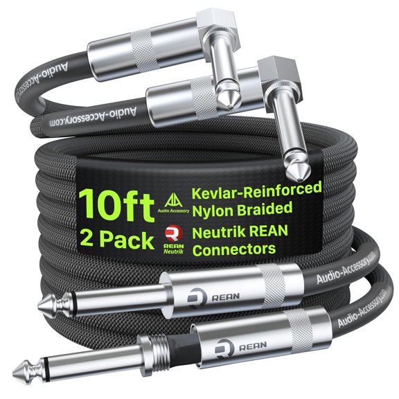 Guitar Cable 10 ft 2 Pack, Nylon Braided Anti-Kinking Kevlar-Reinforced, Neutrik REAN Connector, 20AWG 99.99% OFC 1/4 Instrument Cable, Shielded Amp Cord for Fender Electric Guitar, Right Angle