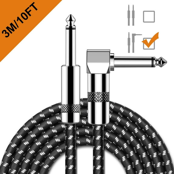 Guitar Cable 10 ft Electric Instrument Cord Right Angle for Bass Mandolin Keyboard and Pro Audio