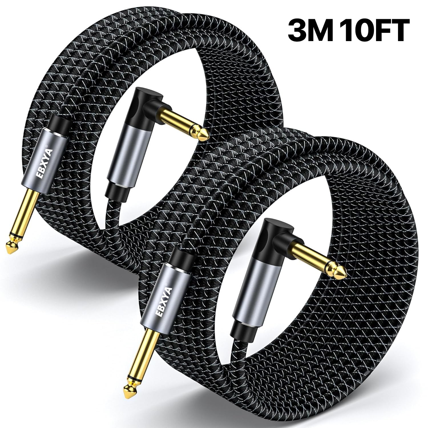 EBXYA 1/4 Inch Guitar Cable 2-Pack Straight to Right Angle 10ft Instrument Cable with Dual-Color Braided Jacket & Molded Connectors for Electric Guitar, Bass, Amp & Live Performance