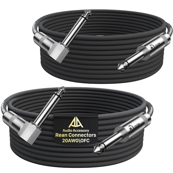 Guitar Cable 15 ft 2 Pack, Nylon Braided Anti-Kinking Kevlar-Reinforced, Neutrik REAN Connector, 20AWG 99.99% OFC 1/4 Instrument Cable, Shielded Amp Cord for Fender Electric Guitar, Right Angle