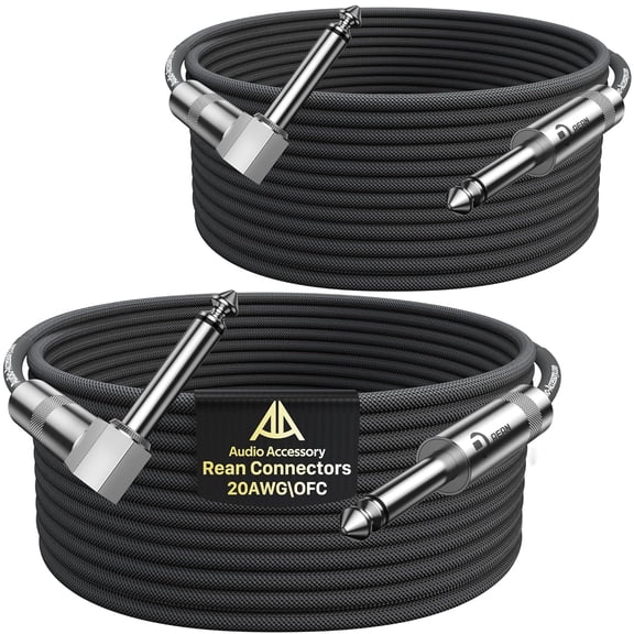 Guitar Cable 20 ft 2 Pack, Nylon Braided Anti-Kinking Kevlar-Reinforced, Neutrik REAN Connector, 20AWG 99.99% OFC 1/4 Instrument Cable, Shielded Amp Cord for Fender Electric Guitar, Right Angle