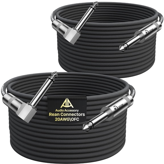 Guitar Cable 25 ft 2 Pack, Nylon Braided Anti-Kinking Kevlar-Reinforced, Neutrik REAN Connector, 20AWG 99.99% OFC 1/4 Instrument Cable, Shielded Amp Cord for Fender Electric Guitar, Right Angle