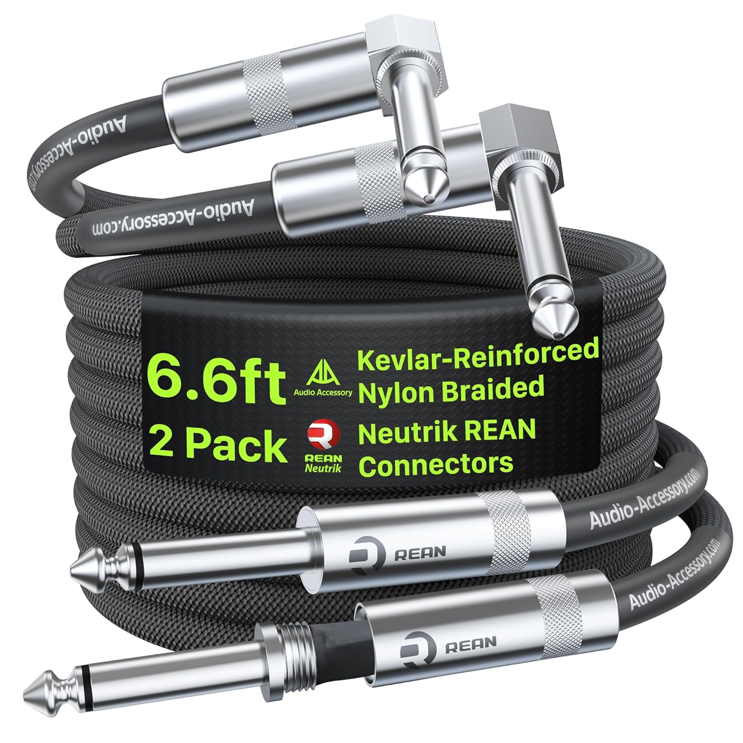 Guitar Cable 6.6 ft 2 Pack, Nylon Braided Anti-Kinking Kevlar-Reinforced, Neutrik REAN Connector, 20AWG 99.99% OFC 1/4 Instrument Cable, Shielded Amp Cord for Fender Electric Guitar, Right Angle