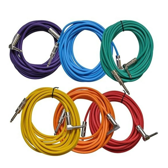 Guitar Cables 6 Pack, 20ft Right Angle Instrument Cables - Multi-Color 1/4 Inch TS Male to Right Angle Male - Pro Audio Patch Cables for Electric Guitar, Bass, Keyboard