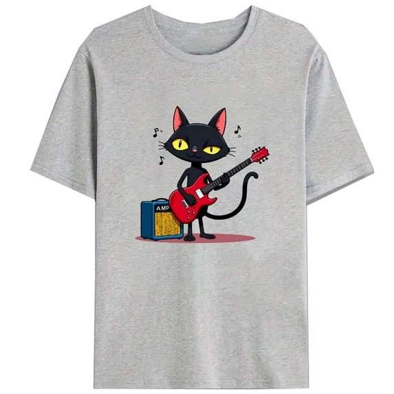 Guitar Cat Tee Fun Graphic T Shirt Tops Music Lover Fashion Casual Short Sleeve Round Neck Gray S-3XL