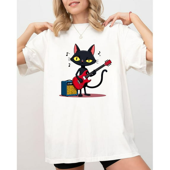 Guitar Cat Tee Fun Graphic T Shirt Tops White S-5XL Music Lover Fashion Casual Short Sleeve