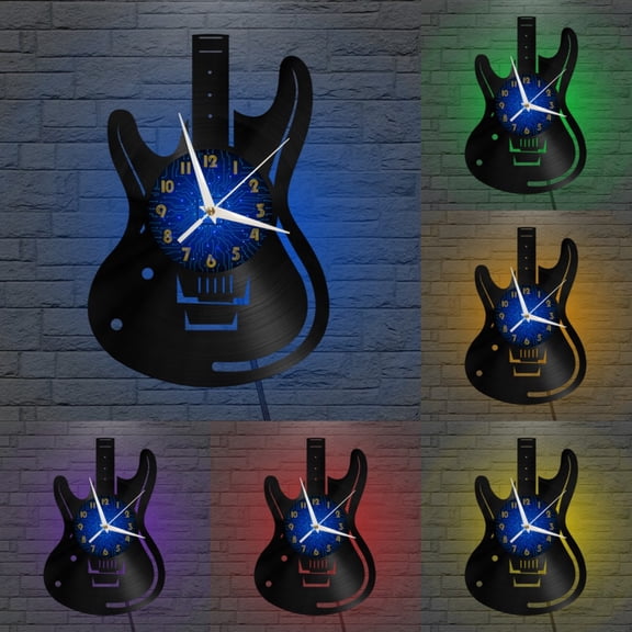 Guitar Club Decor Vinyl Wall Clock, Vinyl Record Clock Wall Art Silent & Non-ticking(12 inchs B-LED)