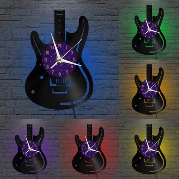 Guitar Club Decor Vinyl Wall Clock, Vinyl Record Clock Wall Art Silent & Non-ticking(12 inchs P-LED)
