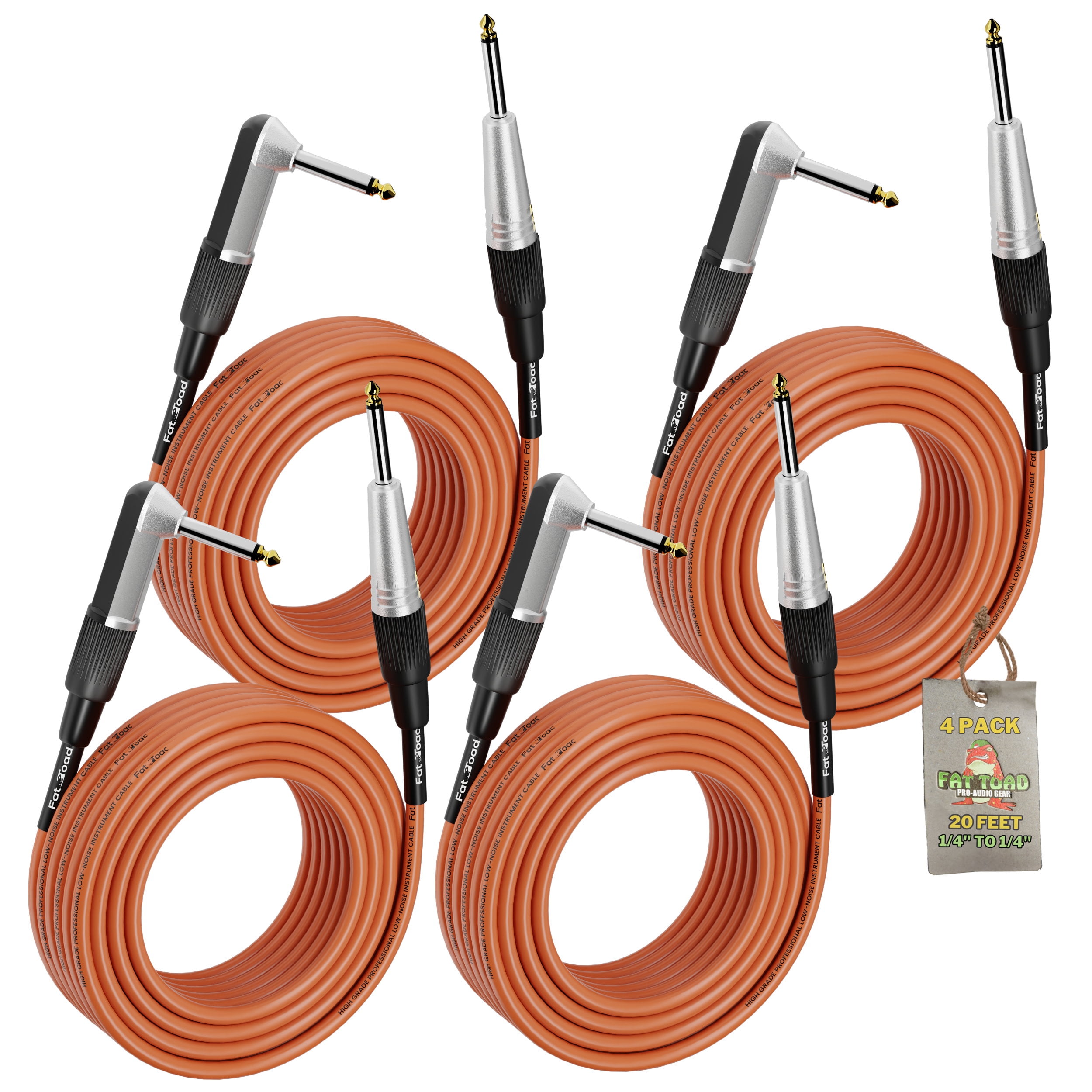 Guitar Cords (4 Pack) Right Angle Instrument Cable by Fat Toad 20FT 1/4 Inch Straight-End Wires for Electric Guitar, Bass, Keyboards & Music Sound Recording Studio Shielded 24 AWG Patch Conductor