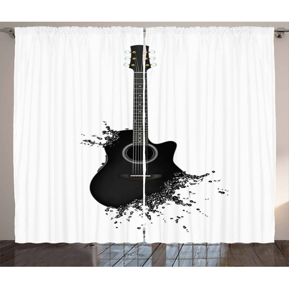 Ambesonne Guitar Curtains 2 Panel Set, Musical Device Strings, 108" x 96", Black White