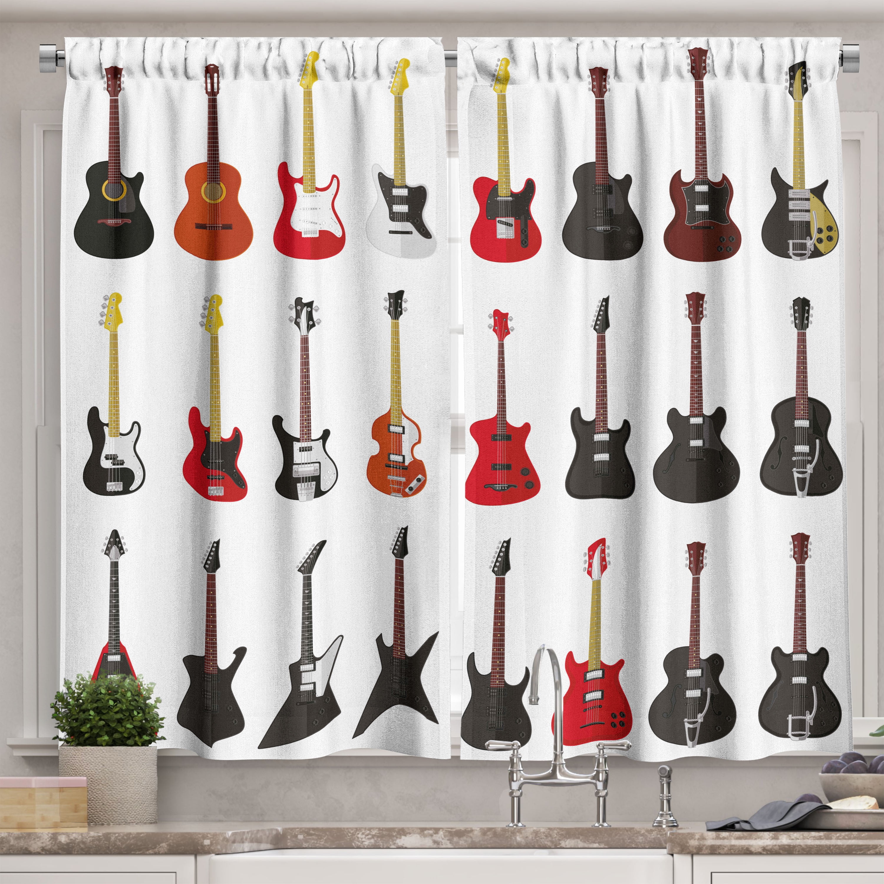 Guitar Curtains 2 Panels Set, Musical Instruments Set Pattern with