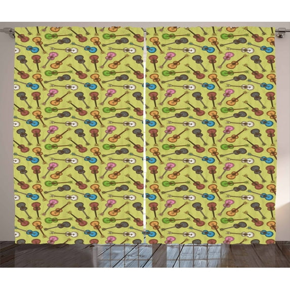 Ambesonne Guitar Curtains 2 Panel Set, Acoustic Guitars Sketch, 108" x 84", Multicolor