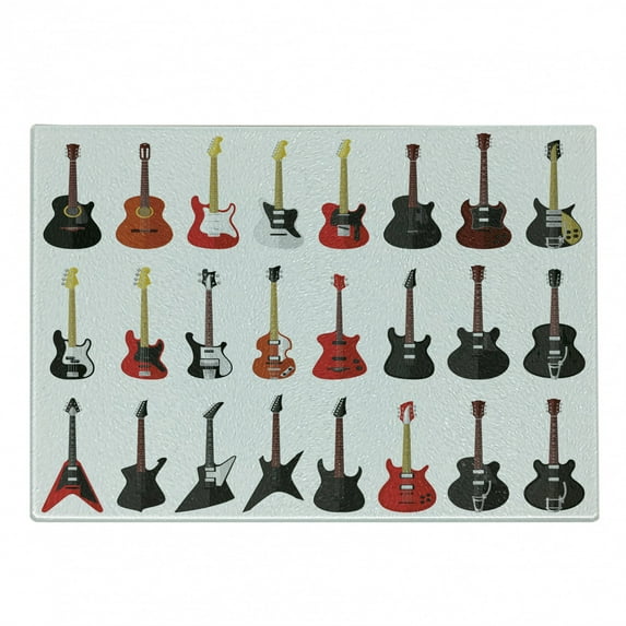 Guitar Cutting Board, Musical Instruments Set Pattern Various Acoustic Bass Making Music, Decorative Tempered Glass Cutting and Serving Board, Small Size, Vermilion Black White, by Ambesonne