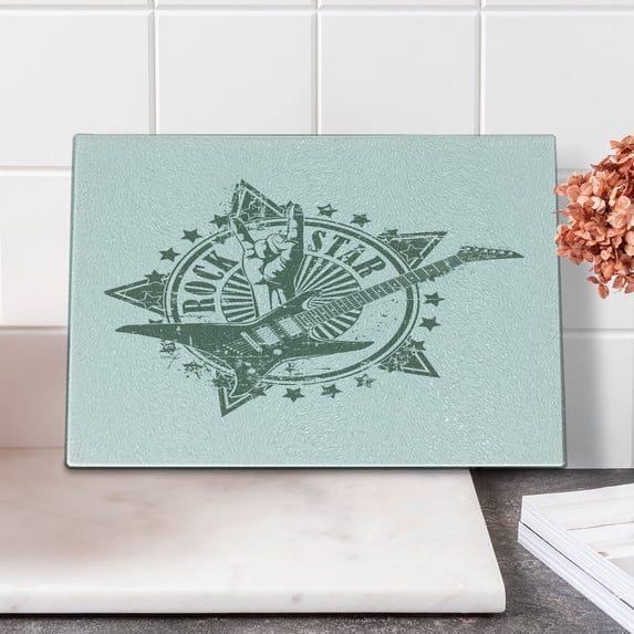 Guitar Cutting Board, Stars Rock Sign Monochrome Musical Instrument Design Rockstar Life Singing, Decorative Tempered Glass Cutting and Serving Board, Small Size, Pale Grey White, by Ambesonne