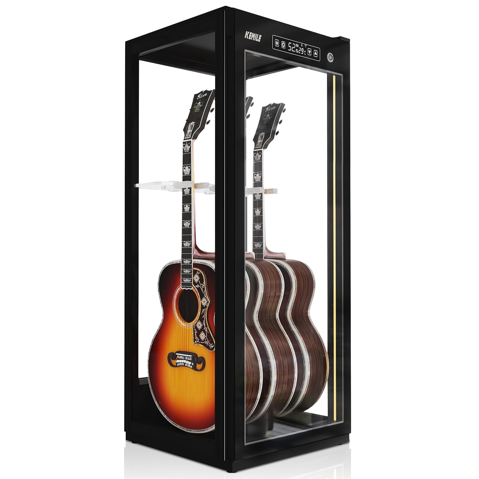 Chehery Guitar Display Case with Humidification, Constant Temperature, Fingerprint Lock, Holds 3 Acoustic/4 Electric Guitars, 4‑Sided Glass Cabinet