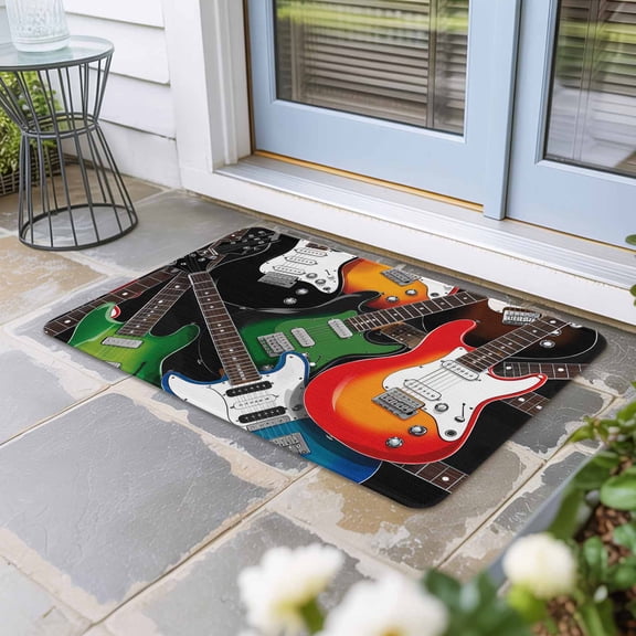 Guitar Door Mat Indoor Outdoor, Cartoon Modern Colorful Guitars Non Slip Welcome Mat with Rubber Backing, Absorbent Fabric Front Door Mats Entryway Rug for Home Patio Entrance 24"x36"