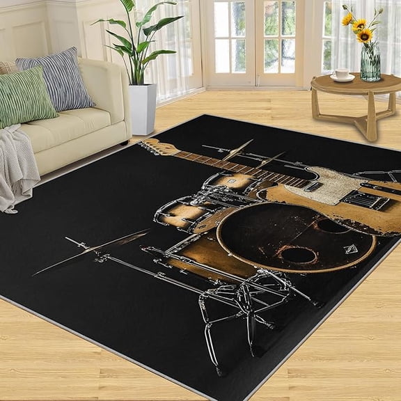 Guitar and Drum Set Rugs for Bedroom, Retro Musical Instruments Area Rug, Music Lovers Rugs for Living Room, Indoor Non-Slip Rug, Machine Washable Carpet for Front Entrance Floor Decor 5 x 7ft