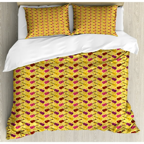 Guitar Duvet Cover Set, Colorful Repeating Pattern with Musical Instrument and Notes, Decorative 3 Piece Bedding Set with 2 Pillow Shams, King Size, Mustard and Multicolor, by Ambesonne