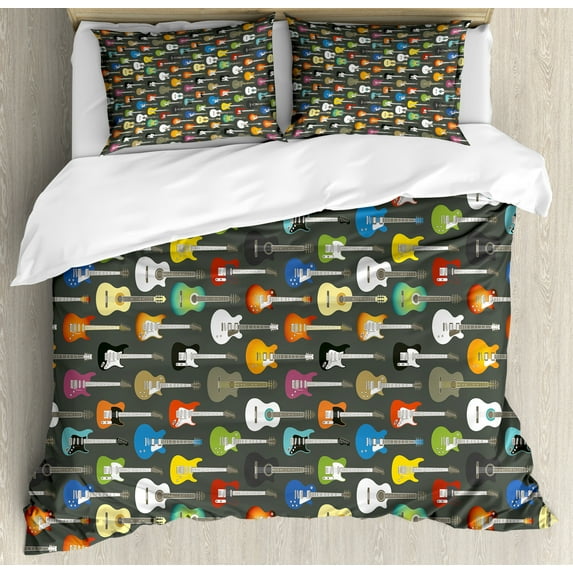 Guitar Duvet Cover Set King Size, Grunge Instruments Strings Creativity Writing Songs Digital Classic Acoustic Music, Decorative 3 Piece Bedding Set with 2 Pillow Shams, Multicolor, by Ambesonne