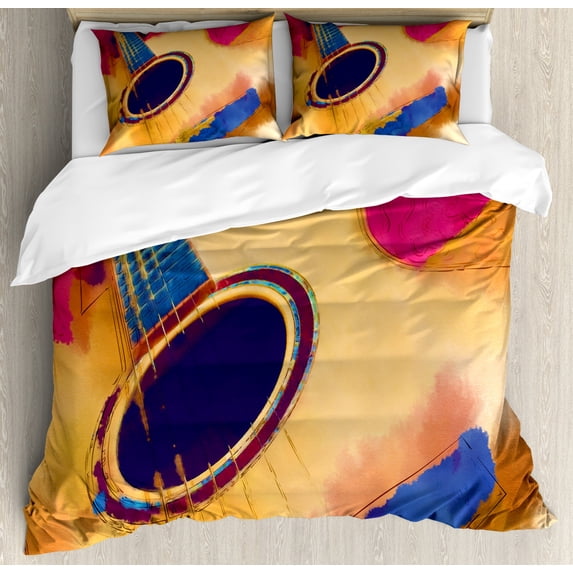 Guitar Duvet Cover Set Queen Size, Abstract Strings Pattern Watercolor Effect Vintage Inspirations, Decorative 3 Piece Bedding Set with 2 Pillow Shams, Magenta Violet Blue Mustard, by Ambesonne