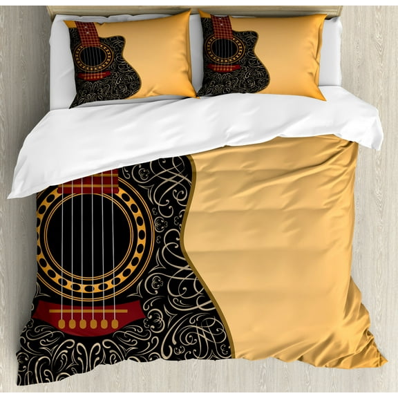 Guitar Duvet Cover Set Queen Size, Clipped Guitar with Vintage Floral Folk Ornaments Musician Hobbies, Decorative 3 Piece Bedding Set with 2 Pillow Shams, Pale Orange Black Maroon, by Ambesonne