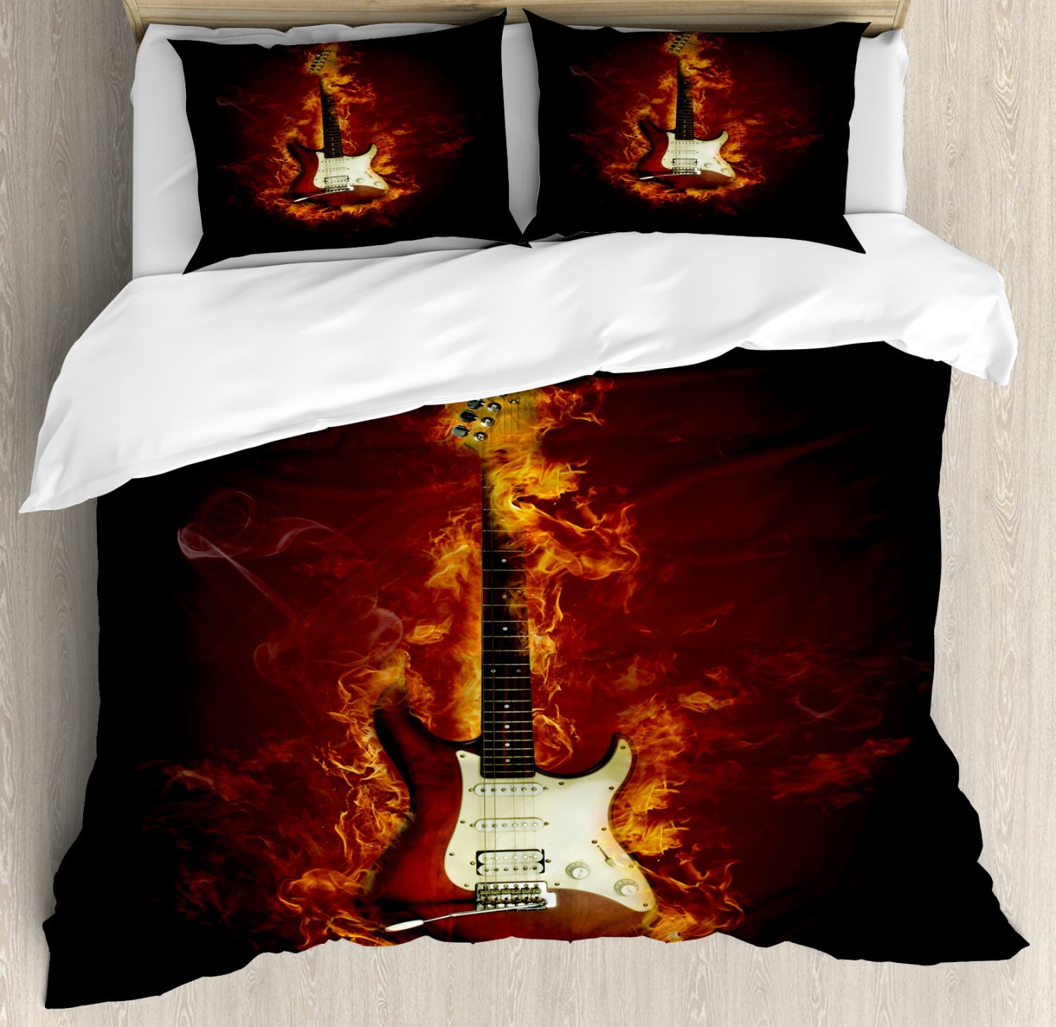 Guitar Duvet Cover Set Queen Size, Electric Guitar in Flames