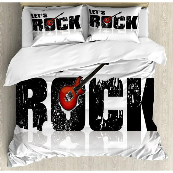 Guitar Duvet Cover Set Queen Size, Let's Rock Text with Grunge Looking Color Splashed Letters Music Fun Concert, Decorative 3 Piece Bedding Set with 2 Pillow Shams, Ruby Black White, by Ambesonne
