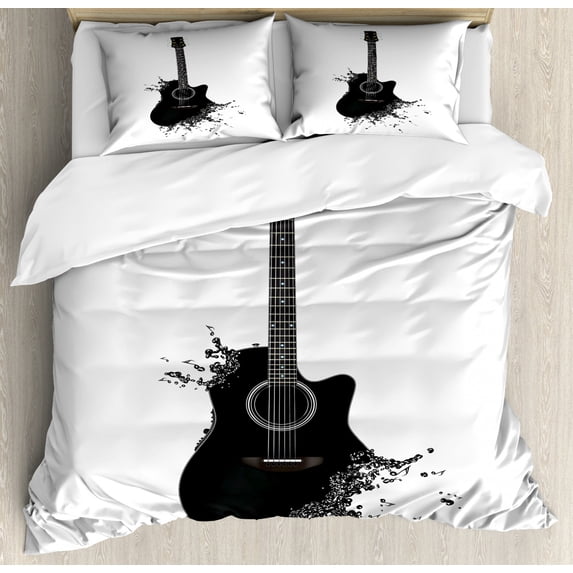 Guitar Duvet Cover Set Queen Size, Monochrome Musical Instrument with Strings Acoustic Color Splashes Creative Outlet, Decorative 3 Piece Bedding Set with 2 Pillow Shams, Black White, by Ambesonne