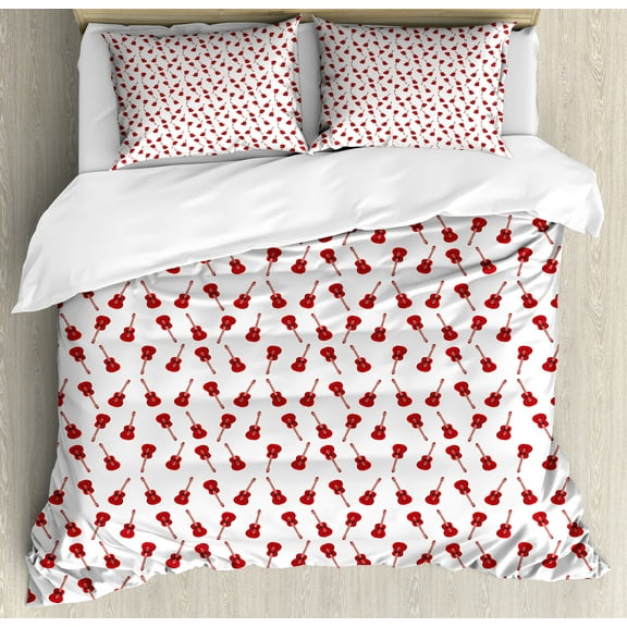 Guitar Duvet Cover Set, Repeating Minimal Illustration Classic Western Musical Instrument Motifs, Decorative 3 Piece Bedding Set with 2 Pillow Shams, Queen Size, Vermilion White, by Ambesonne