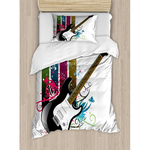 Guitar Duvet Cover Set Twin Size, Bass Guitar on Colorful Vertical Stripes with Floral Natural Artistic Ornaments, Decorative 2 Piece Bedding Set with 1 Pillow Sham, Multicolor, by Ambesonne