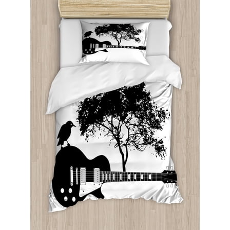 Guitar Duvet Cover Set Twin Size, Composition of a Bird on a Musical Instrument with a Tree on the Back, Decorative 2 Piece Bedding Set with 1 Pillow Sham, Charcoal Grey and White, by Ambesonne